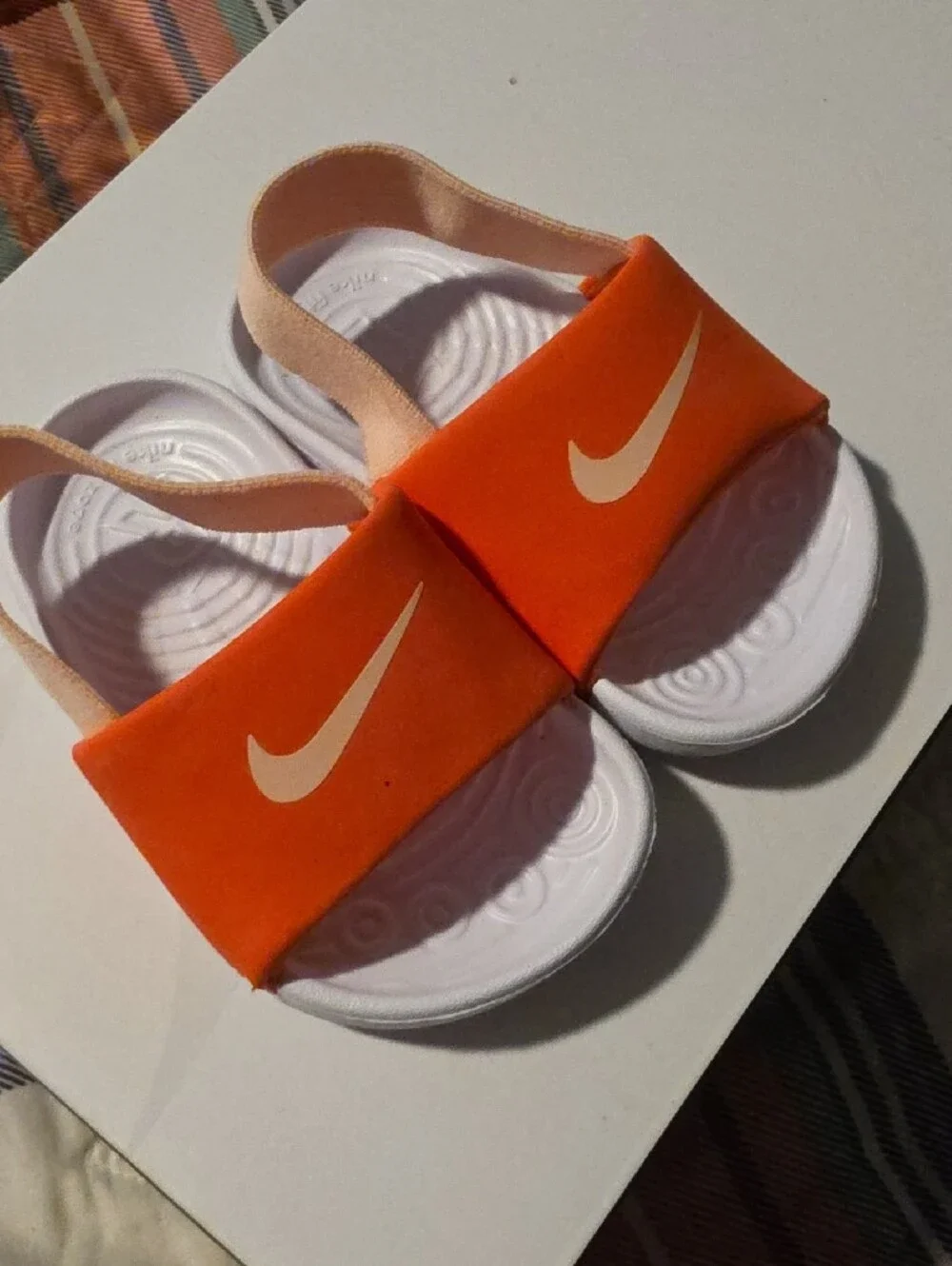 Nike Kids Pinkish-Orange and White Slide Sandals with Elastic Heel, Size 4c
